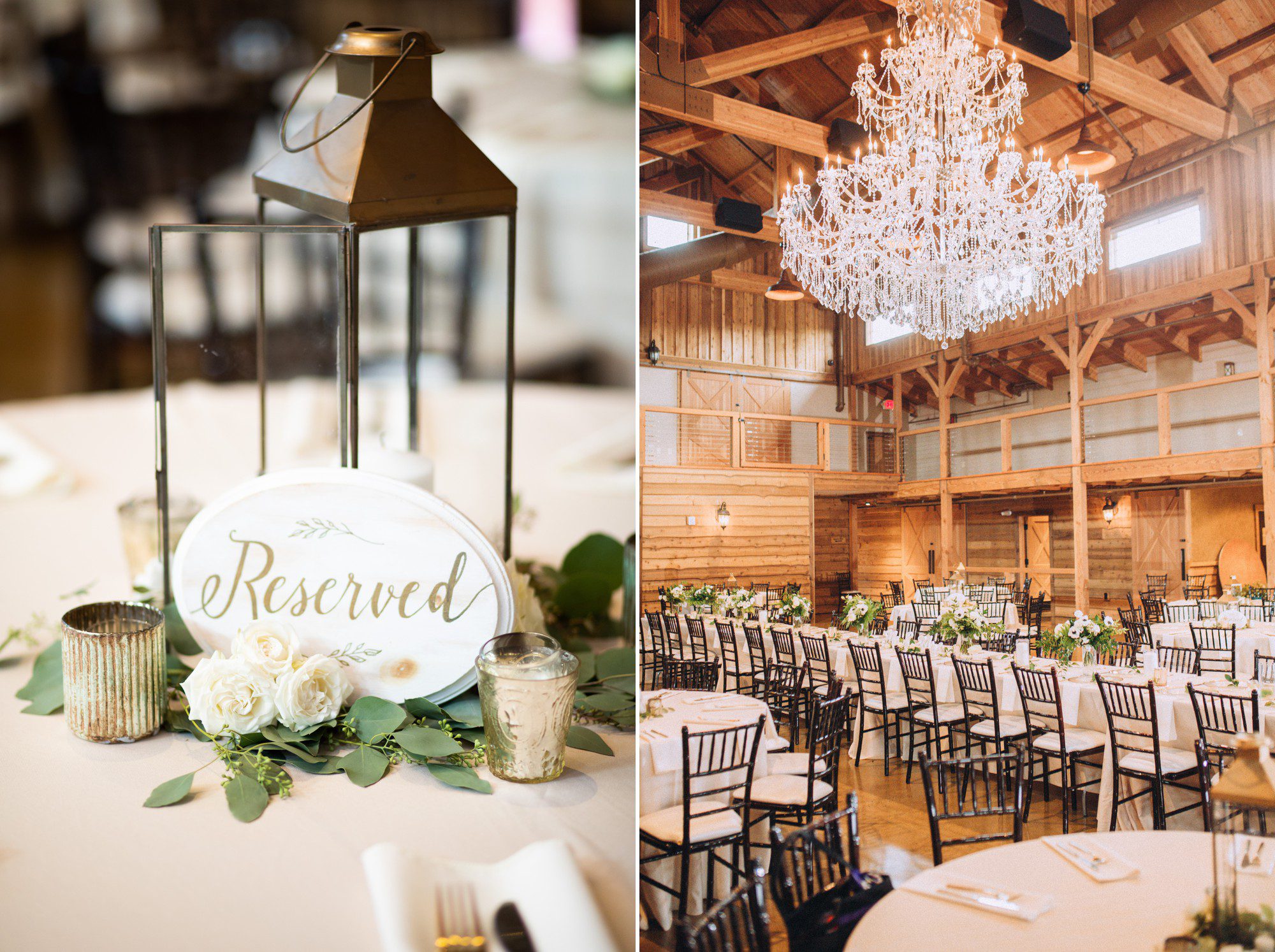 Lux and elegant barn reception with lanterns, candles and chandeliers at The Barn at Sycamore Farms Arrington, TN
