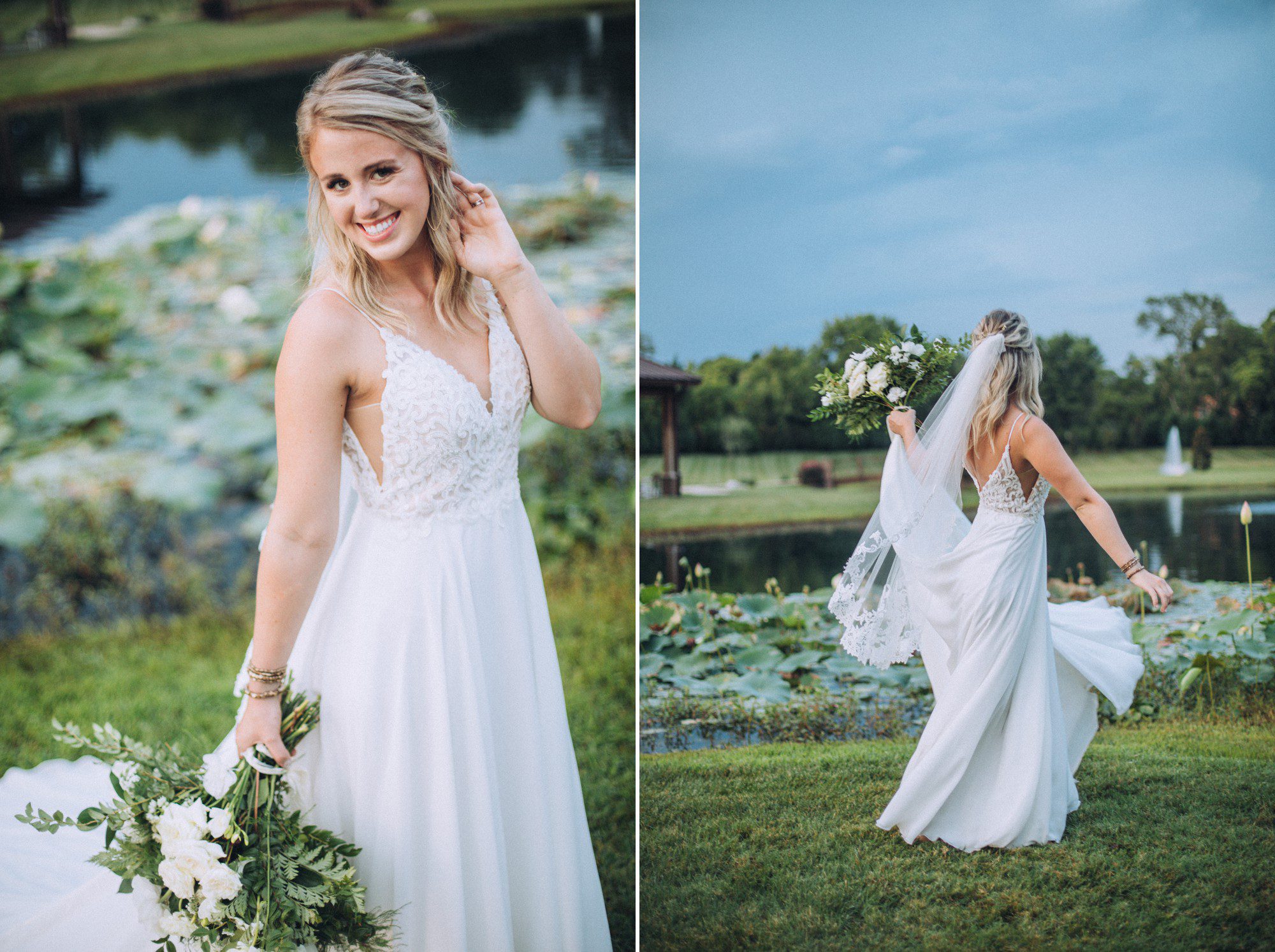 Bridal portrait with water garden pond at The Barn at Sycamore Farms Arrington, TN