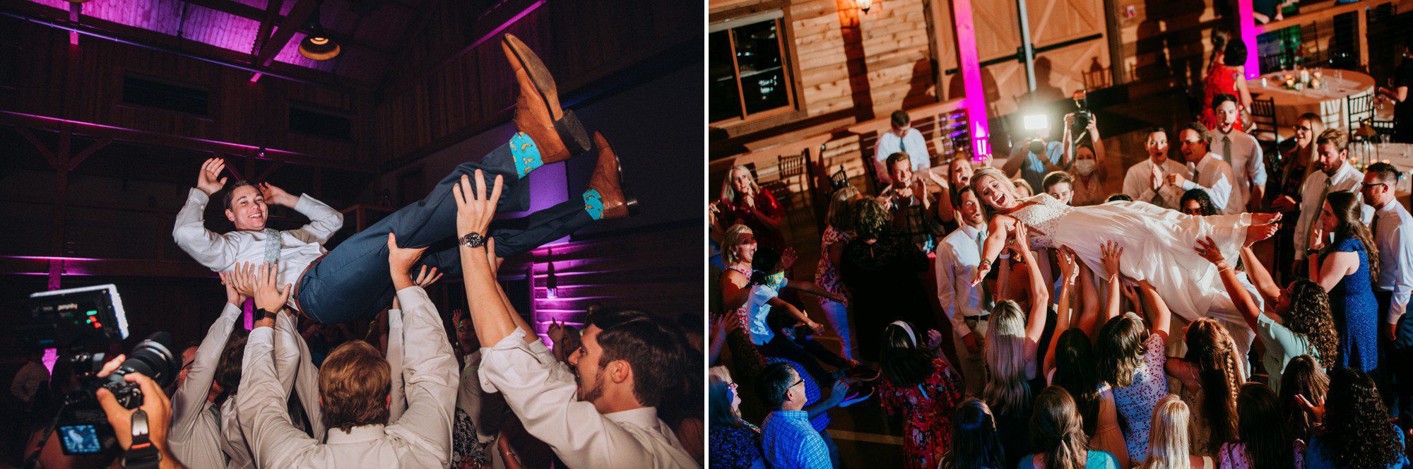 Bride and groom crowd surfing at their wedding reception at The Barn at Sycamore Farms Arrington, TN