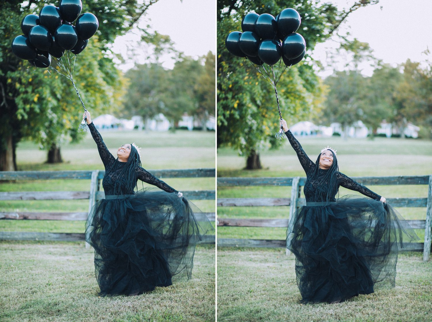 African American birthday portrait photos with black gown and balloons