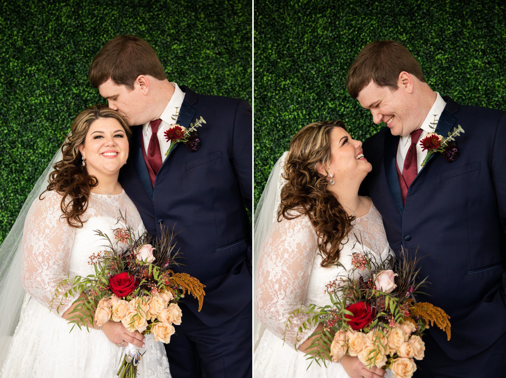 bride and groom kiss in front of greenery wall at White Dove Barn outdoor barn wedding venue outside of Nashville TN