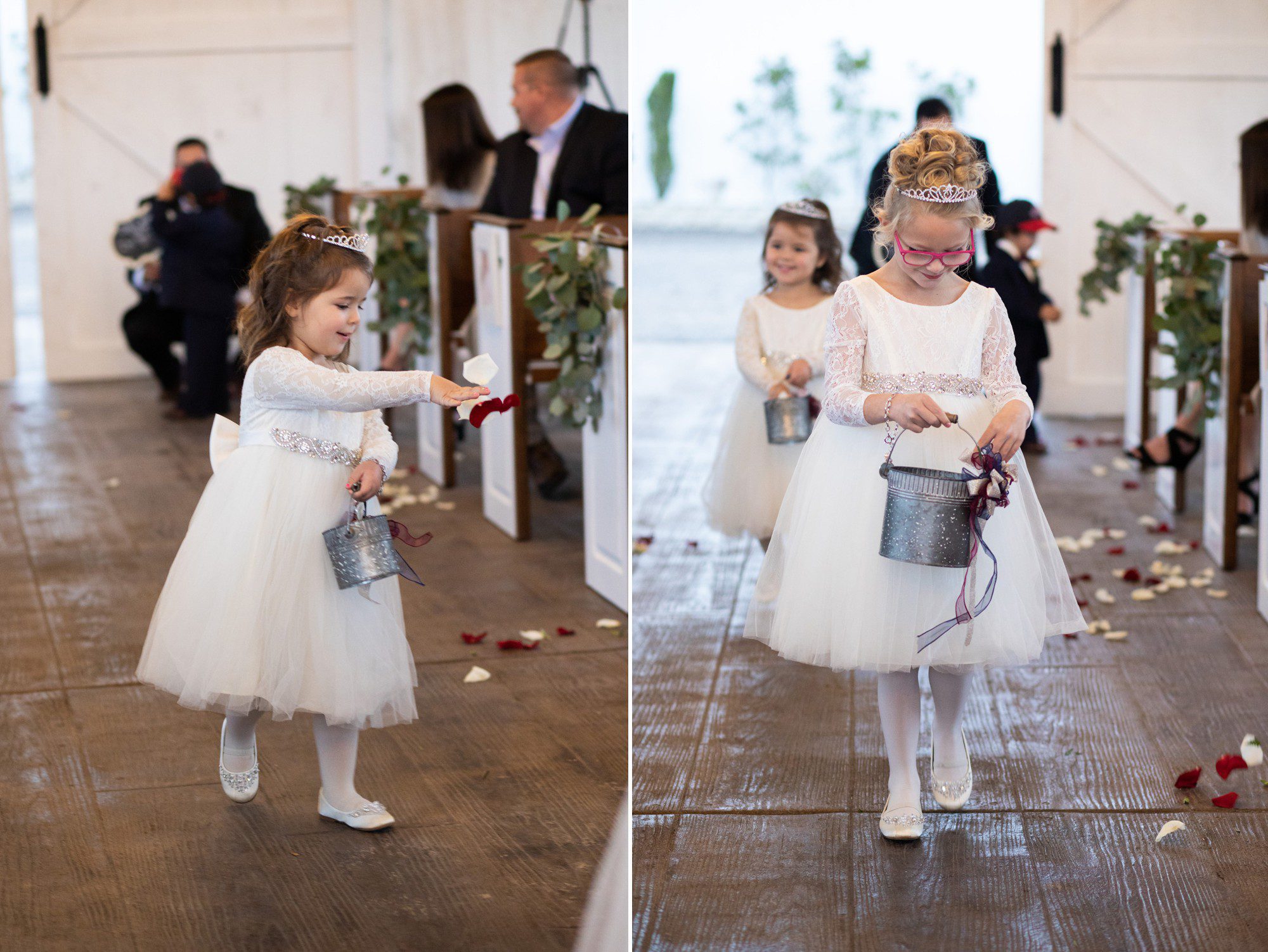 Flower girls during processional at White Dove Barn