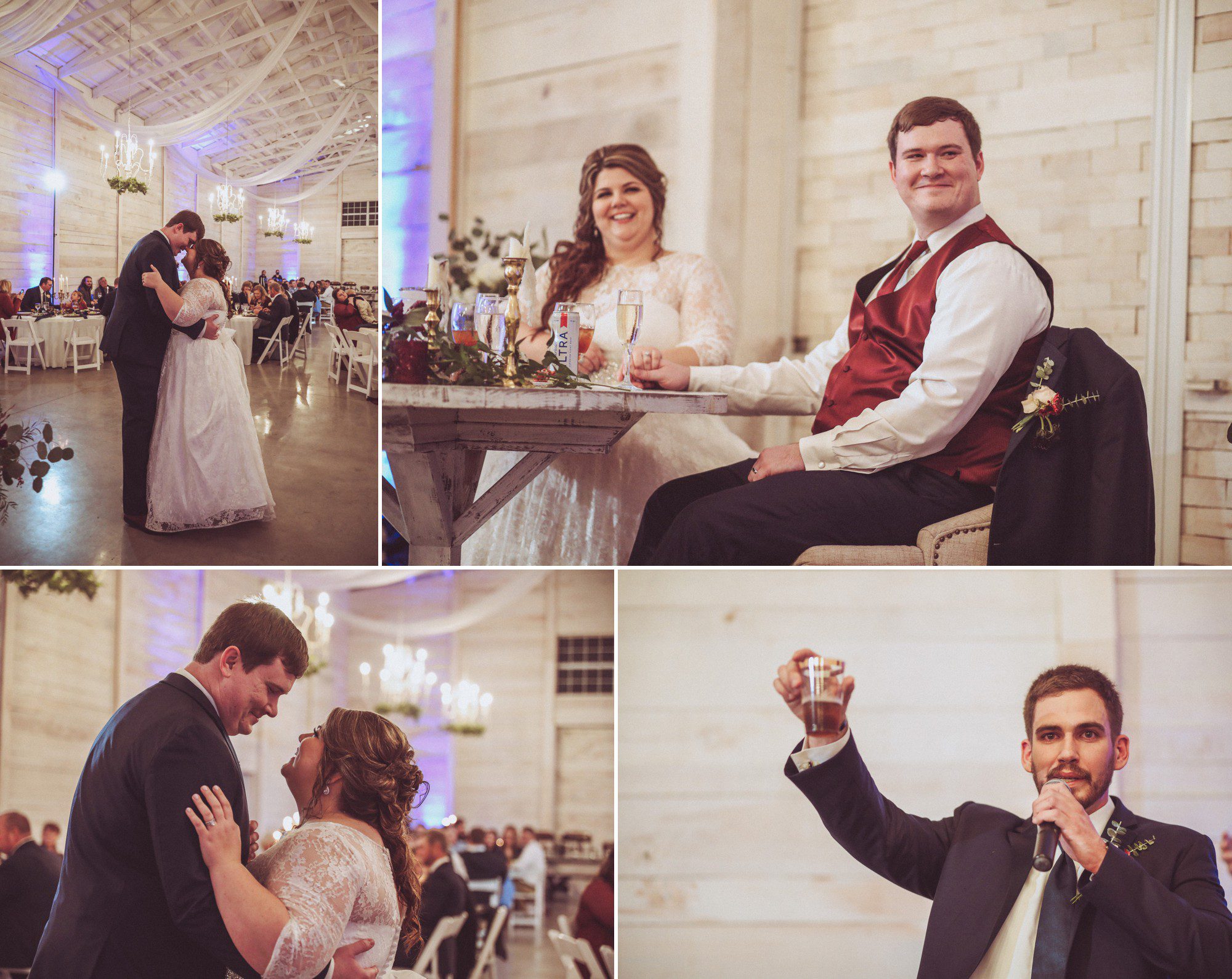 Toasts and first dances at White Dove Barn indoor wedding reception 