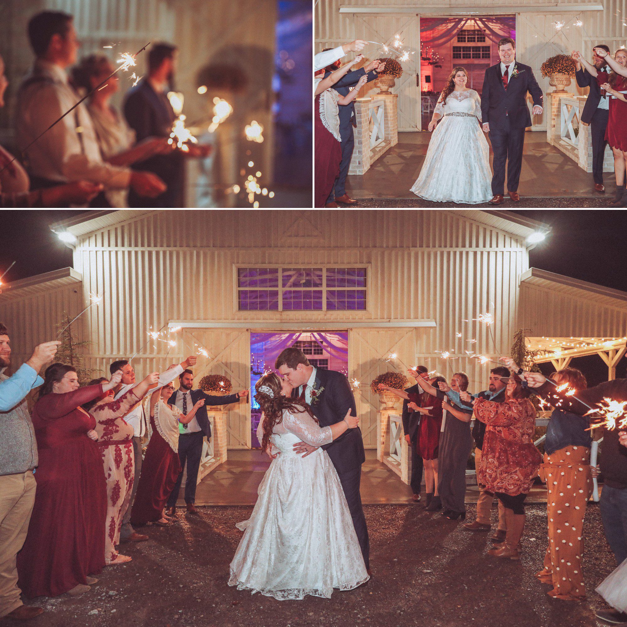 Sparkler exit during rainy night wedding at White Dove Barn outside Nashville TN