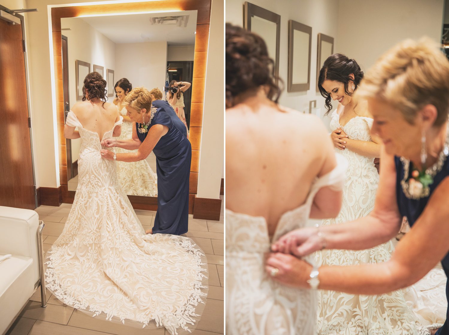 The Bridge Building Event Spaces Downtown Nashville, TN Bride putting on Wedding Dress with her Mother