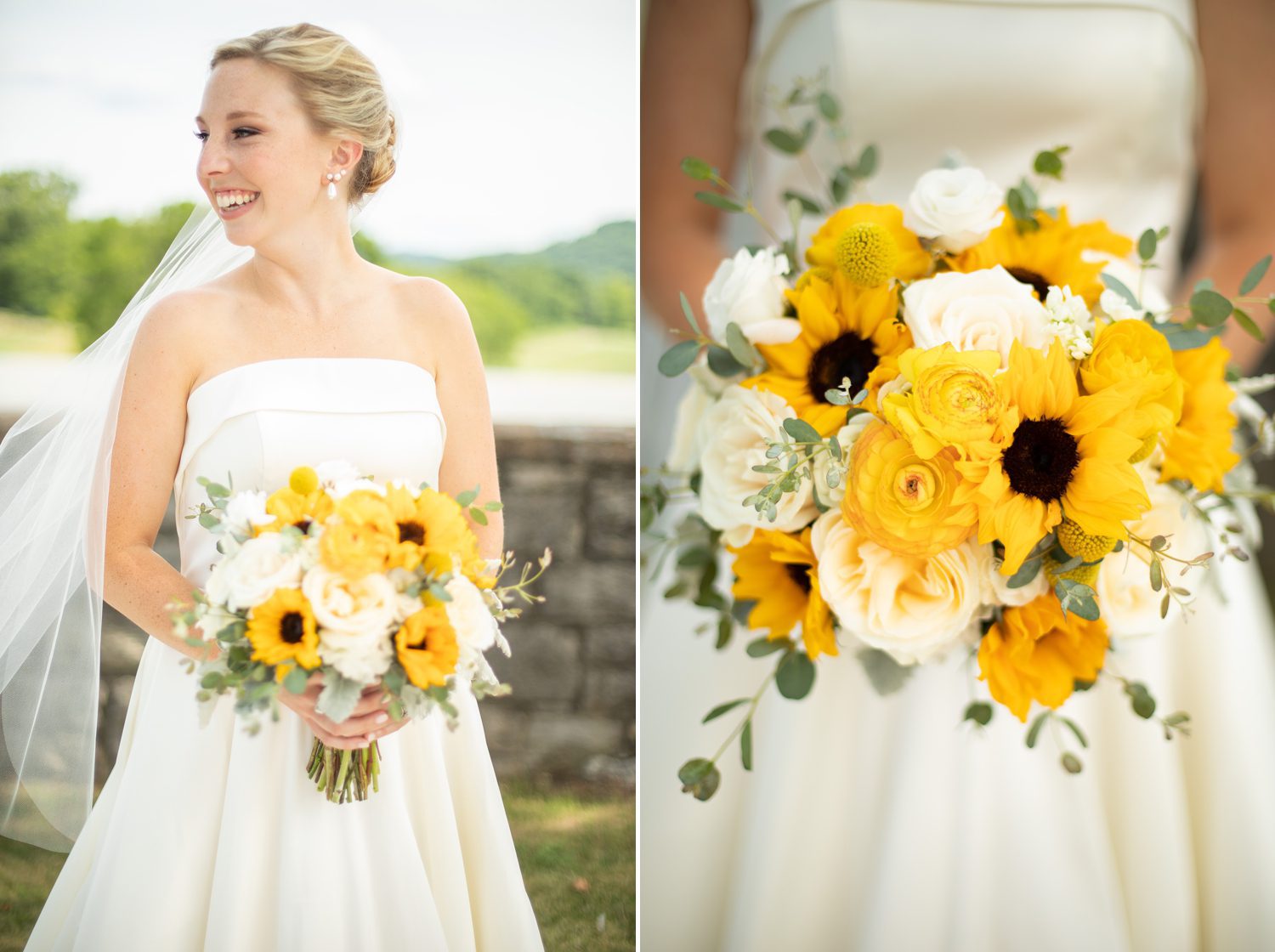 Old Natchez Country Club Wedding in Franklin, TN Bridal Bouquet Summer White and Yellow with Sunflowers & Ranunculus