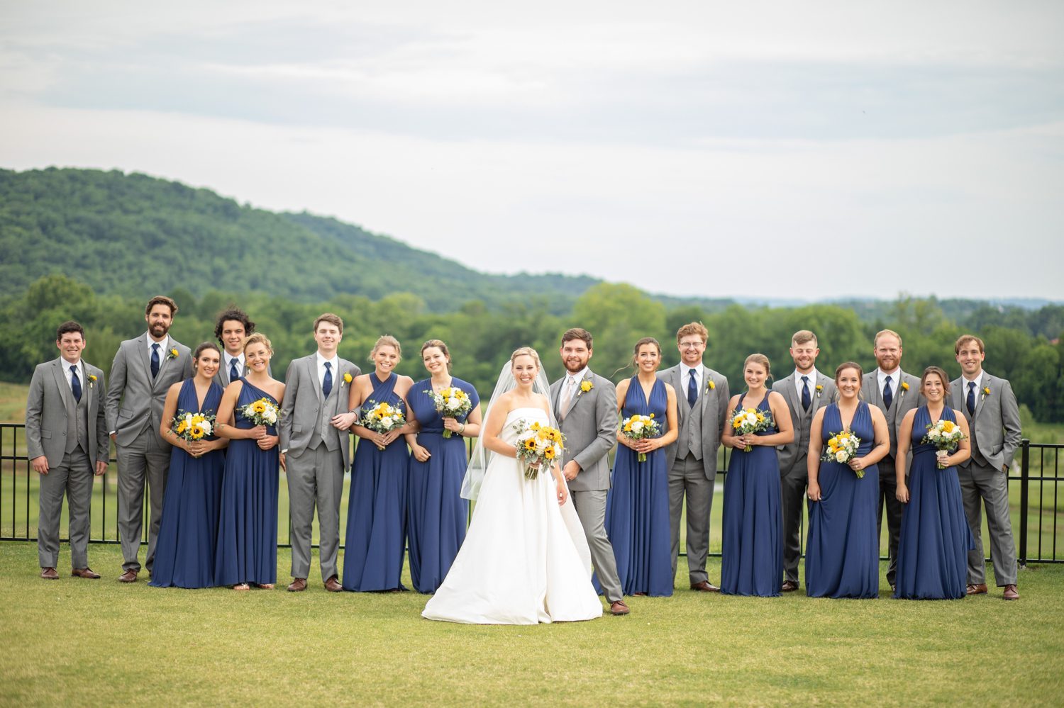Old Natchez Country Club Wedding Party in Franklin, TN Navy Bridesmaid Dress with Gray Groomsmen Suits