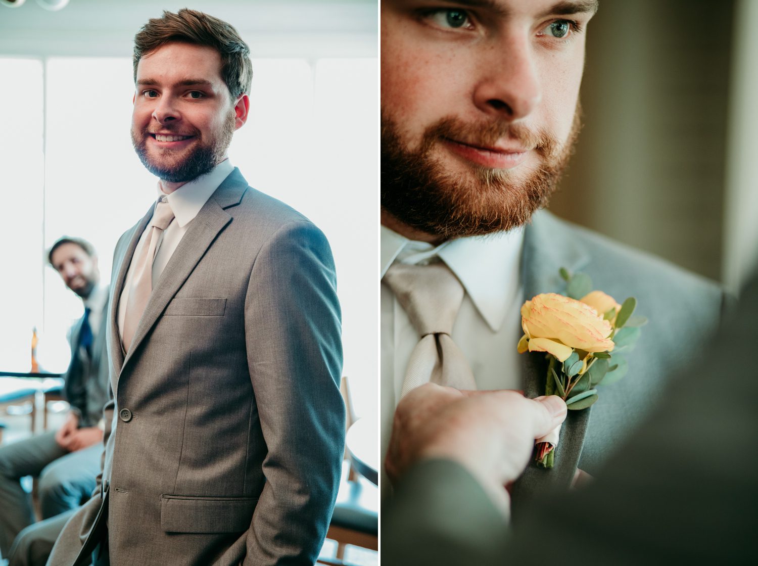 Old Natchez Country Club Wedding in Franklin, TN Groom in Gray Suit Yellow Boutonniere