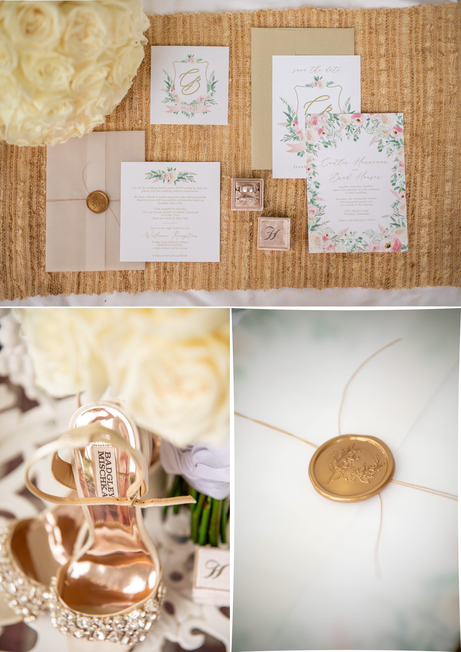 Private Estate Wedding Franklin, TN Invitation Suite with Wax Seal Badgley Mischka Bridal Shoes