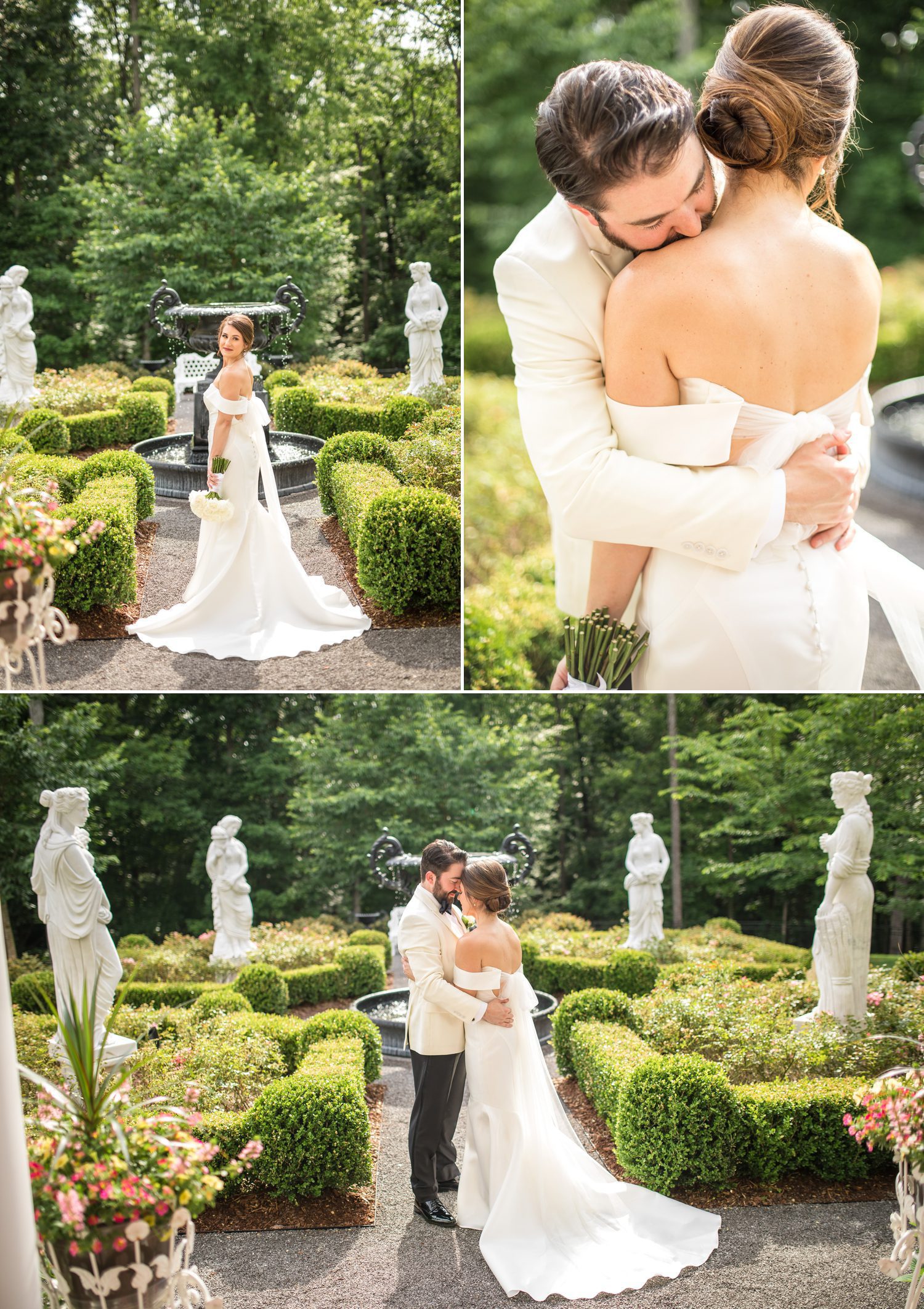 Private Estate Wedding Franklin, TN Bride and Groom Portrait in Garden with Statues