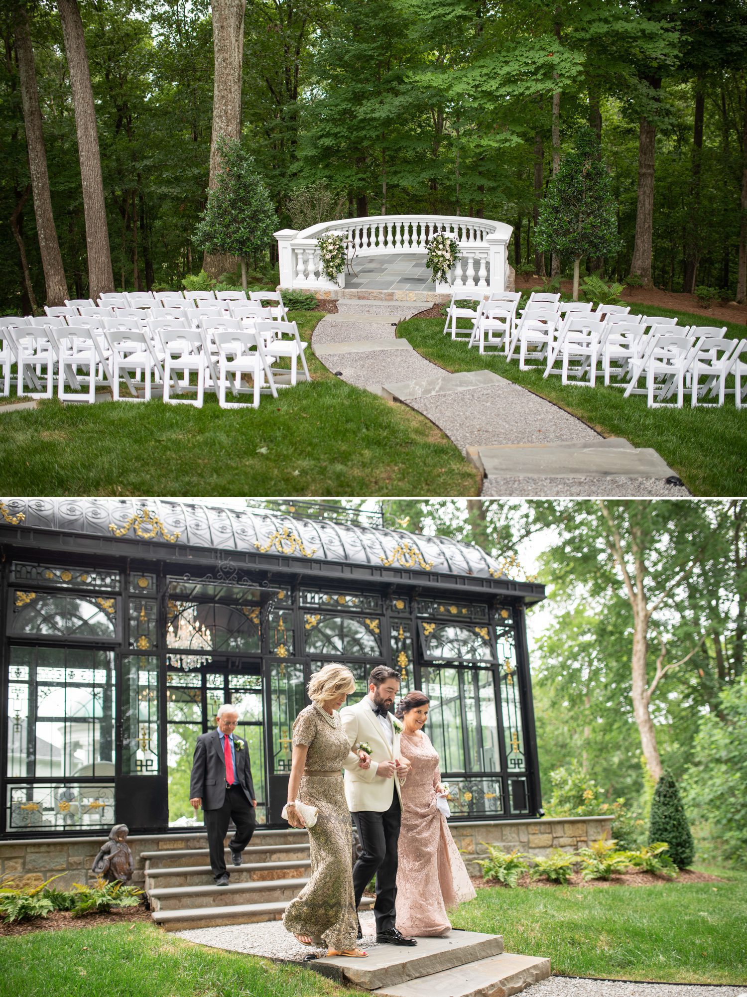 Private Estate Wedding Franklin, TN Ceremony Site with White Chairs in Woods
