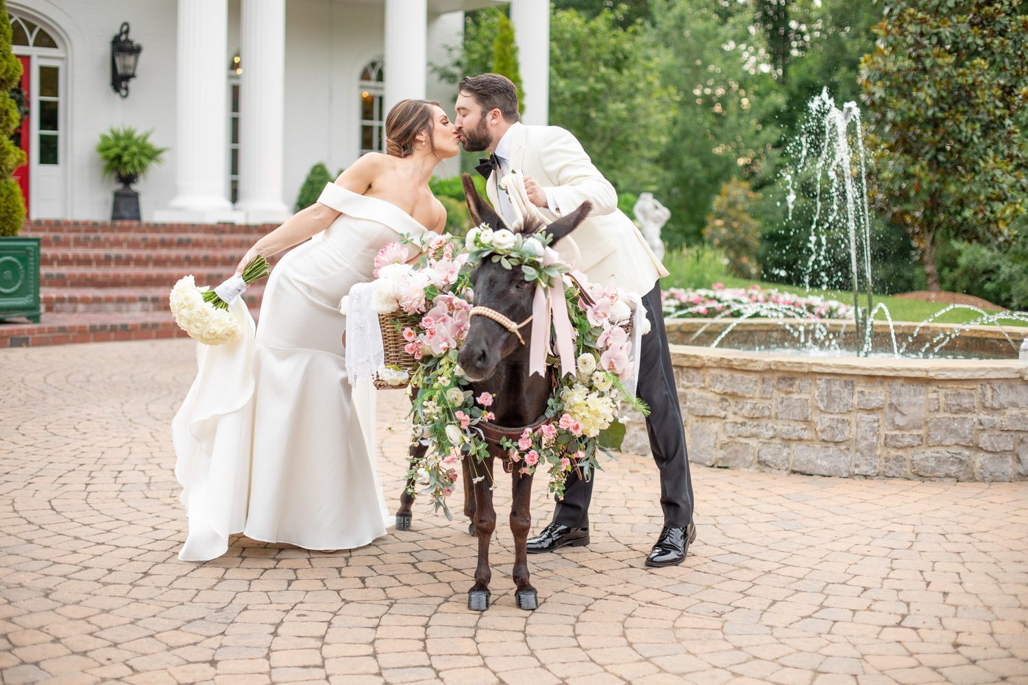 Private Estate Wedding Black Burro Events Franklin, TN Bride and Groom Portrait with Small Horse Pony 