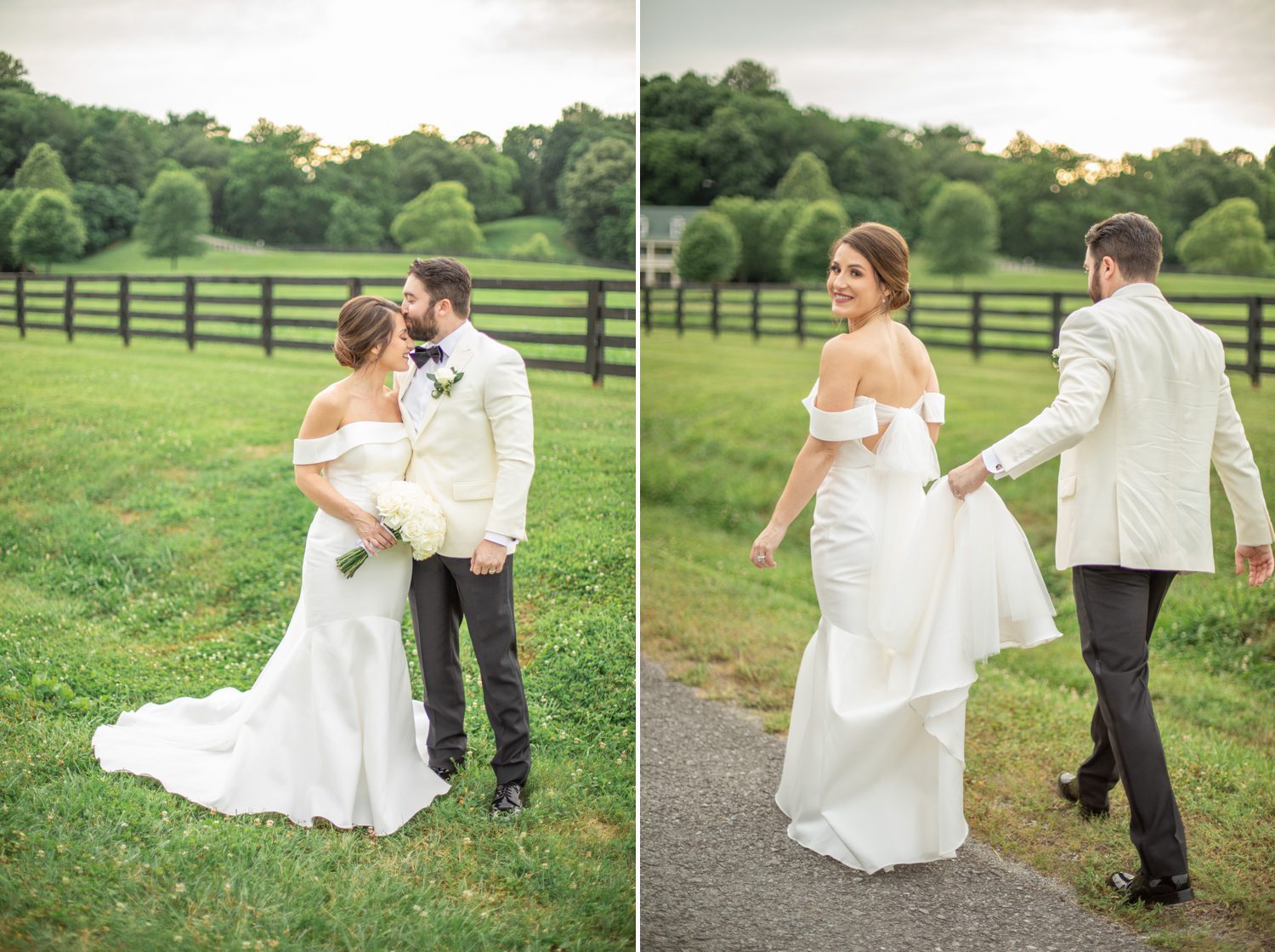 Private Estate Wedding Franklin, TN Bride and Groom Portrait in Green Field with Fence